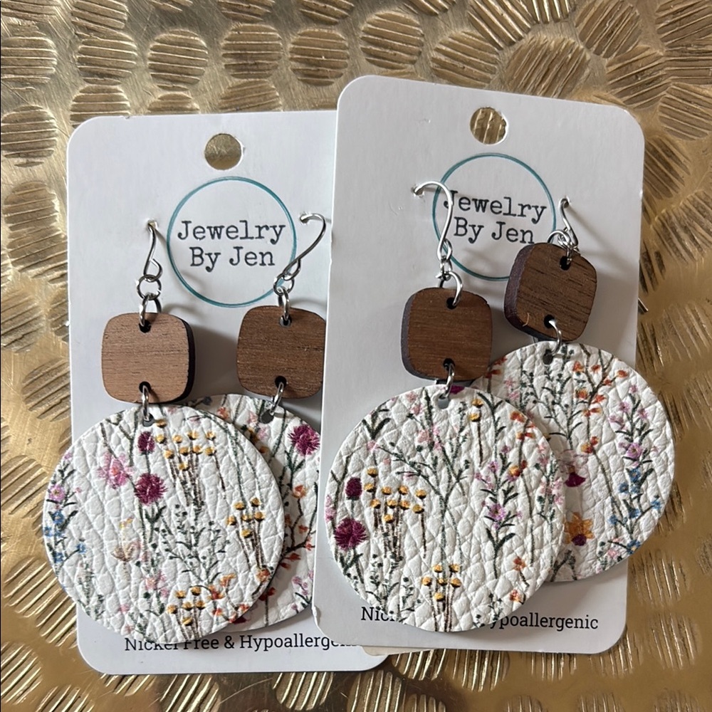 Floral Leather and Wood Earrings